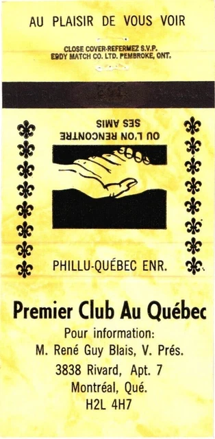 Montreal Quebec Canada Premier Club Au Quebec Vintage Matchbook Cover