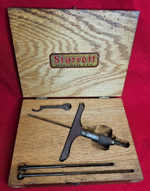 VINTAGE FIND STARRETT DEPTH GAGE MICROMETER 449B W/3 RODS &WOOD CASE