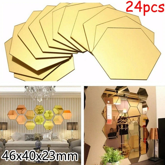 24x Large Hexagon Mirror Tiles Glass Wall Stickers Self Adhesive Pack Set Parts