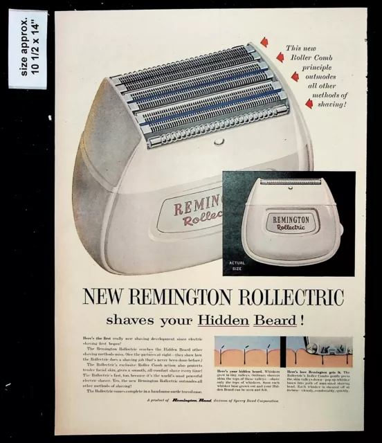 1956 Remington Rollectric Shaver Hidden Beard Razor Vintage Print Ad 36897