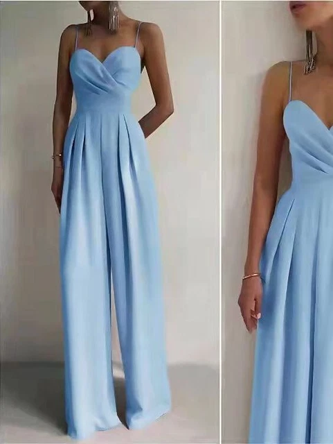 Abito da donna celeste lungo vestito casual tuta elegante abiti scollatura a V