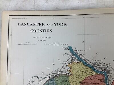 1901 Colored Map Of Lancaster And York Counties, Pennsylvania 19 x 27” 2