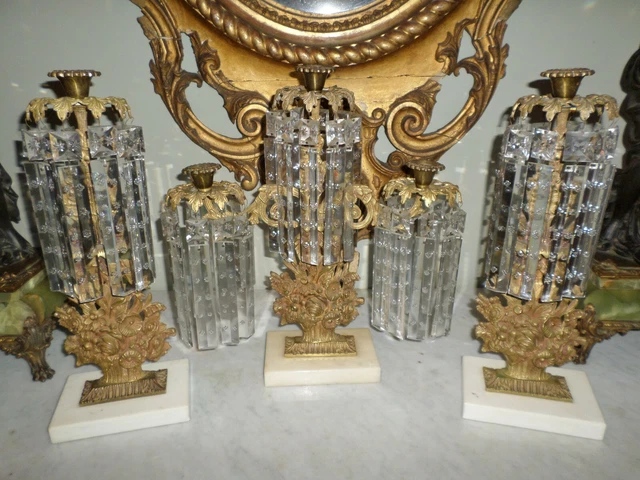 SPECTACULAR! Antique Three Piece Girandole Set /Candelabra Huge 7" Crystal Prism