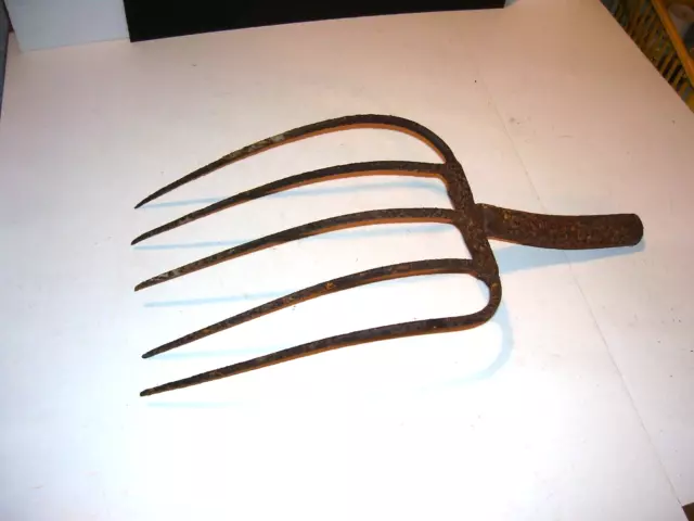 Antique Vintage Primitive Forged 5 Tine/Prong Pitch Fork 15" Head Hay Barn Farm