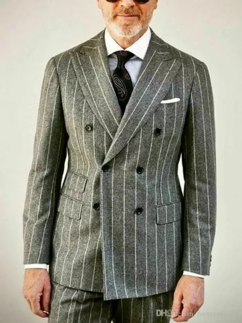 Men Wool Suits Striped Double Vent Peaked Lapel Double-breasted Formal Tuxedos