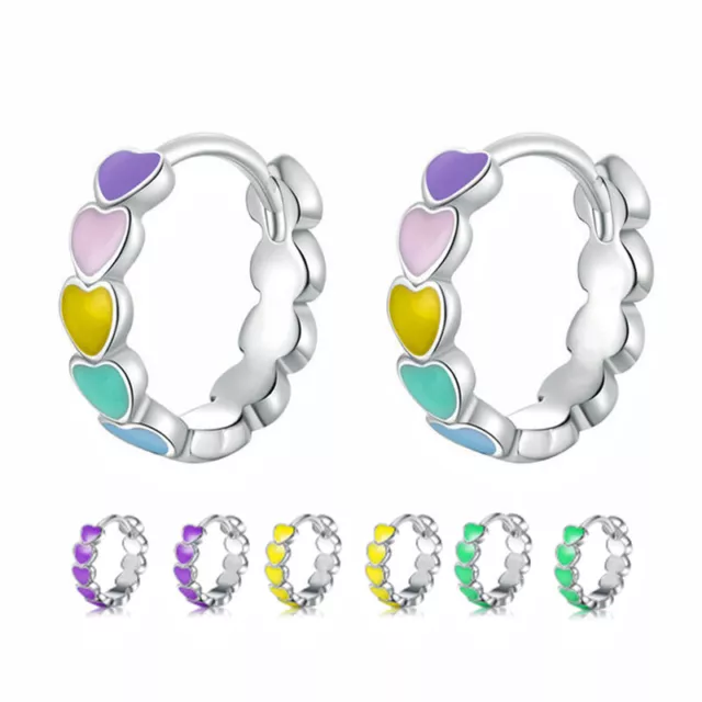 Cute Multicolor Heart 925 Silver Hoop Earrings Girls Gifts Women Jewelry A Pair