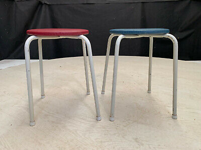 EB2357 Two White Steel Stools with Red & Blue Circular Seats Vintage Stackable 2