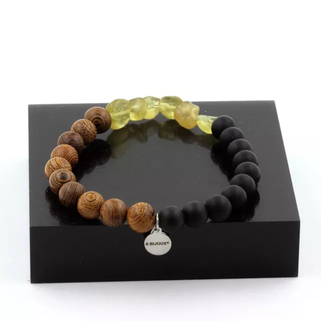 Bracelet Apatite jaune de Madagascar + Perles Onyx noir mat + bois 8 Fabriqué e