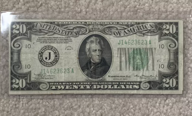 Rare ~ 1934  $20 ~ Federal Reserve Note ~ Rare FR. 2054-J ~ Original Crisp VF