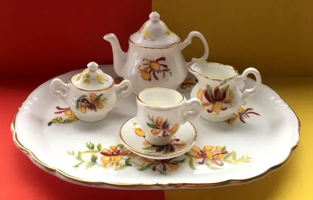 Vintage Chown Miniature Bone China Tea Set For One & Tray,Honeysuckle/Gold🐝🐝🐝