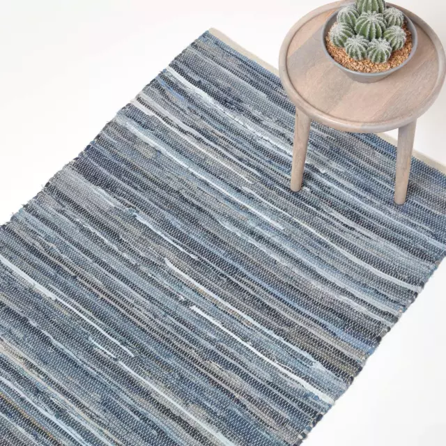 Recycled Blue Denim Chindi Rug Handwoven Eco Friendly Unique Striped Fabric Rug