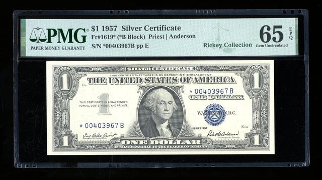 DBR 1957 $1 Silver STAR *B Block Gem Fr. 1619* PMG 65 EPQ Serial *00403967B
