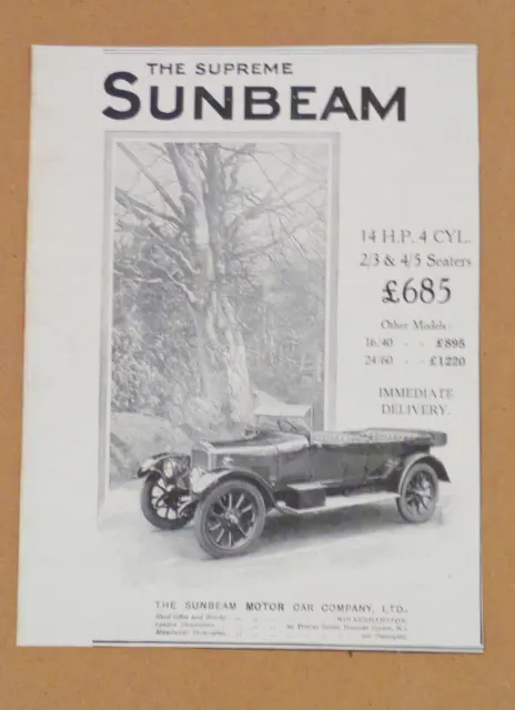 1923 UK Sunbeam Motor Car Co. LTD Wolverhampton British Photo Print AD Vintage