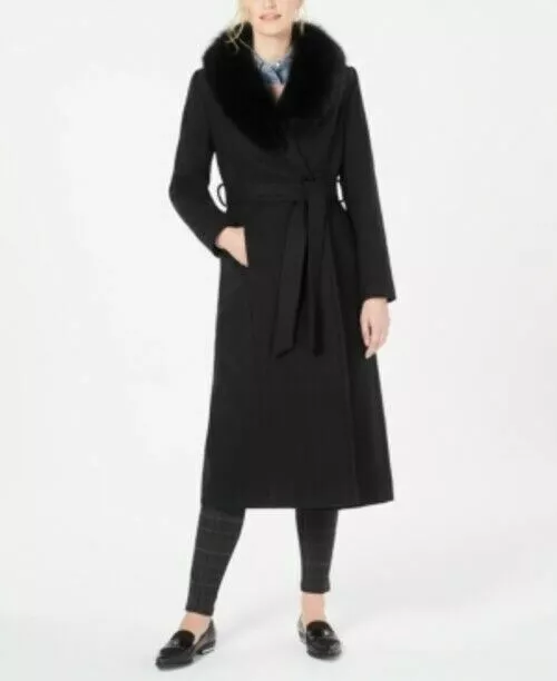 Forecaster Fox-Fur-Collar Belted Maxi Wrap Coat Size 16 Black