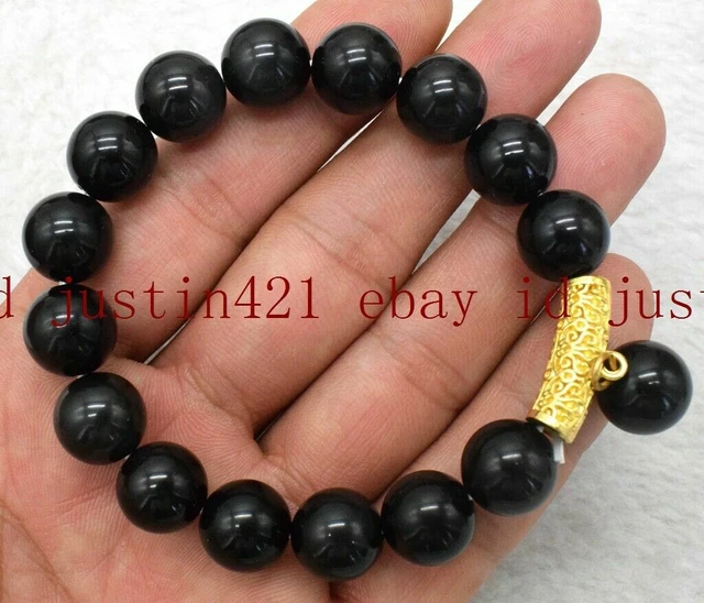 Natural 12mm Black Agate Onyx Gemstone Round Beads Bracelet 7.5" AAA