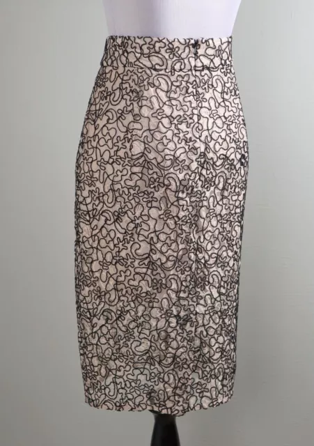 MILLY New York $295 Black Beige Lace 1/2 Lined Classic Pencil Skirt Size 8