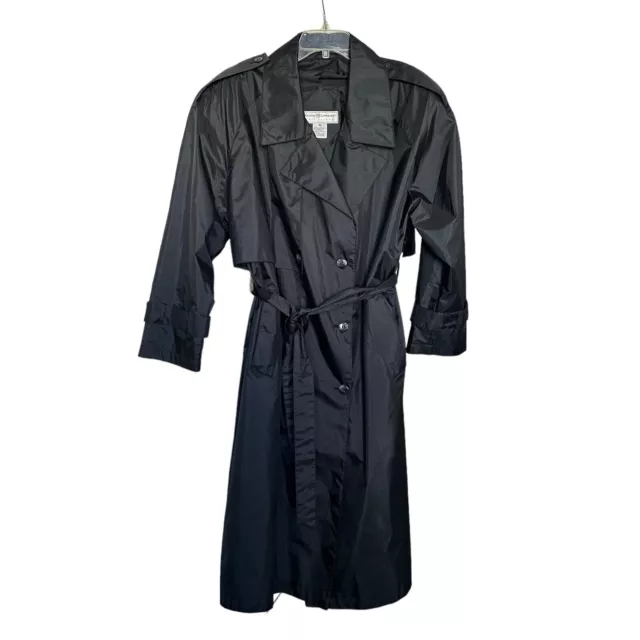 Vintage Maggie Lawrence Long Trench Rain Coat Black Sz 18 W Belted