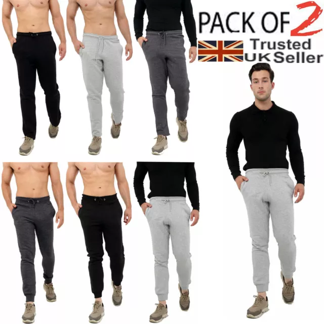 2 PACK Mens Slim Fit Tracksuit Bottoms Skinny Joggers Sweat Pants Gym Trousers