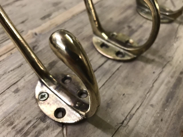 Original Set Antique Edwardian Brass Coat Hooks Old X 3 Metal Reclaimed Vintage 2