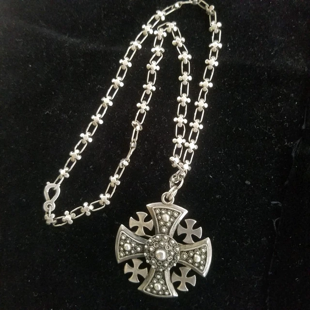 Vintage STERLING MALTESE CRUSADER CROSS 1.5" Sq. ORIGINAL 16" Chain ~ JERUSALEM