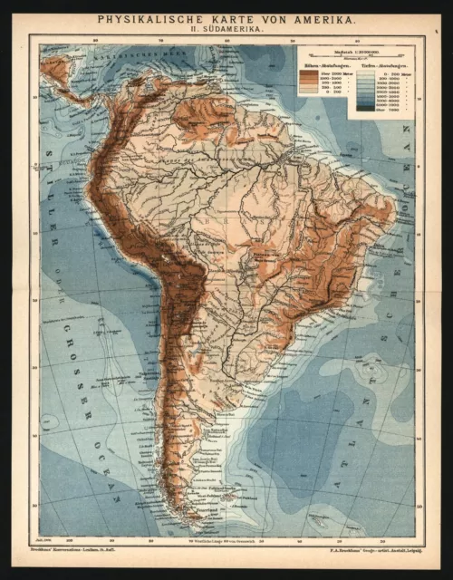 Landkarte anno 1906 - Südamerika - Anden Amazonas Patagonien Feuerland Brasilien