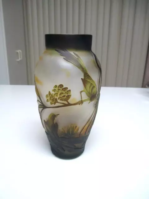 Art Nouveau Style Cut Cameo 8" Art Glass Vase With Birds & Foliage