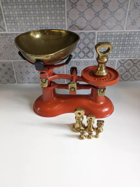 Vintage Boots Nottingham Red Cast Iron Kitchen Scales With Weights