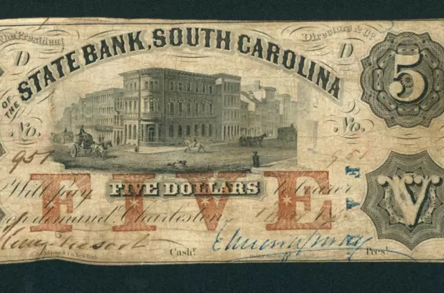 $5 1855 State Bank, South Carolina - Charleston Obsolete ** PAPER CURRENCY