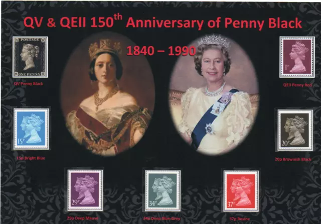 Gb Nice Display Qv & Qeii 150Th Anniversary Of Penny Black 1840-1990 Mint Mnh #7