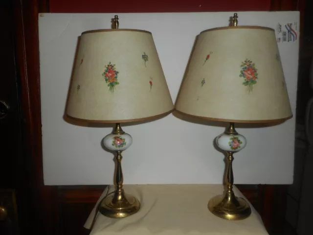 Vintage BOUDOIR Table Lamps Pair Hand Painted Floral Milk Glass & Brass w/Shades