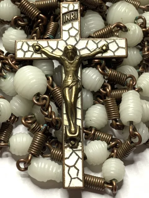 † Xl Scarce Antique White Enameled Brass Crucifix & White Glass Rosary 50" W@W †
