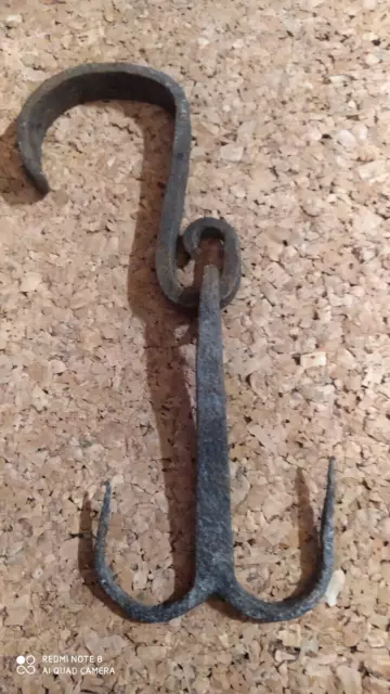 Antique 19th C. Hand Forged WROUGHT Iron Hook HANGER Hunting Farm TOOL