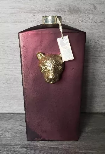 Indian Handcraft Glass Purple Tall Heavy Vase With Brass Gold Cheetah Head