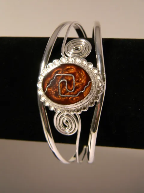 Silver Wire Wrapped Spiral Cuff Bracelet Wire & Cafe Brown Resin Filled Cabochon