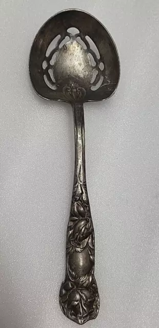 ART NOUVEAU SLOTTED SERVING SPOON BY BIRKS PRIMROSE PLATE EP BRASS 9.5" x 3"