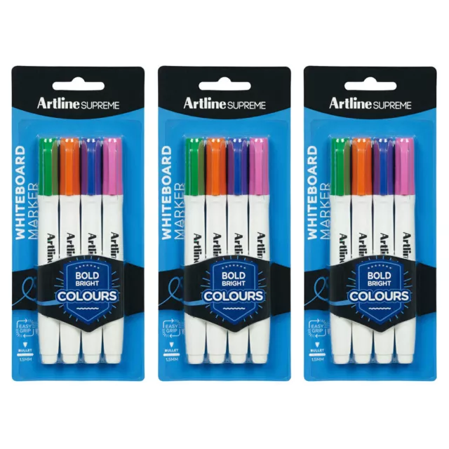 3x 4pc Artline Supreme Whiteboard Markers Water Based Pen Assorted Bright Colour