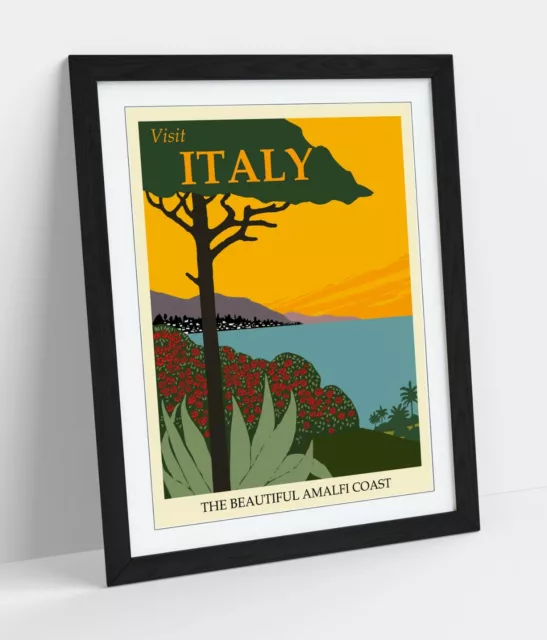 Vintage Retro Italy Travel Poster -Framed Wall Art Picture Print- Blue, Green