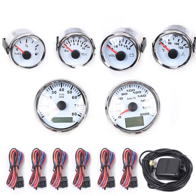 6 Gauge Set GPS 52mm Speedometer Tacho Fuel Gauge Temp Volt Oil Boat Universal
