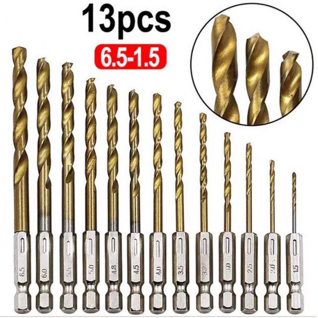 13pc Drill Bit Set Titanium Coated HSS High Speed Steel Hex Shank Quick Change