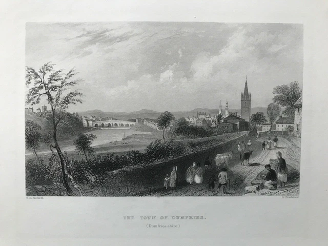 1837 Antique Print; Town of Dumfries, Scotland after William Bartlett