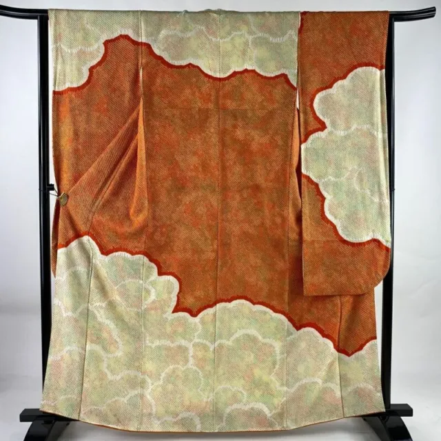 Japanese Kimono Furisode Pure Silk Pattern Of Clouds Full Dyed Cloth Orange