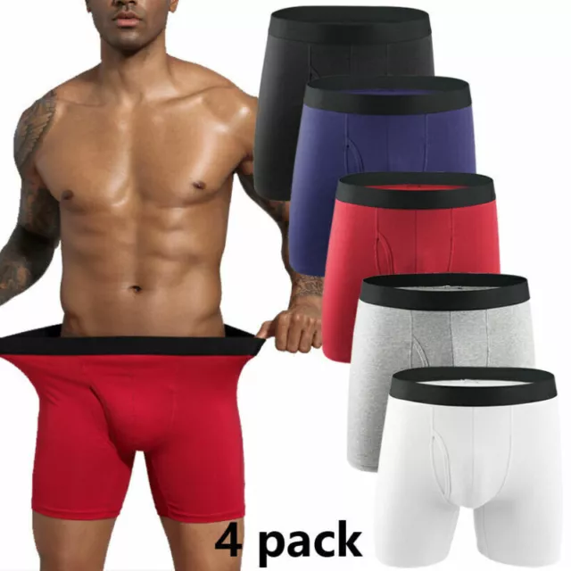 4 Pack Mens Cotton Underwear Long Boxer Briefs Trunks Breathable Open Fly Pouch