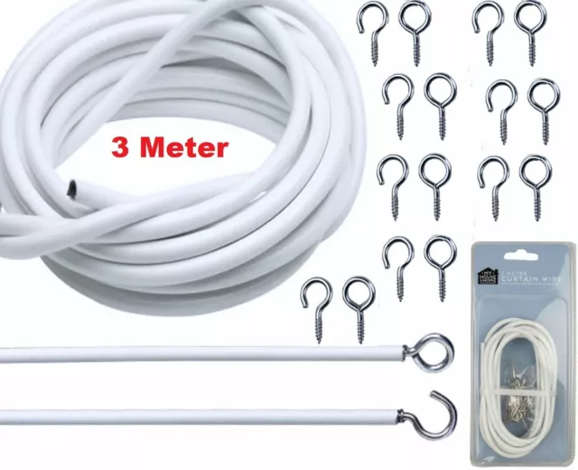 3m Net Curtain Wire White Window Voile Cord Cable HOOKS & EYES Choose Lengths