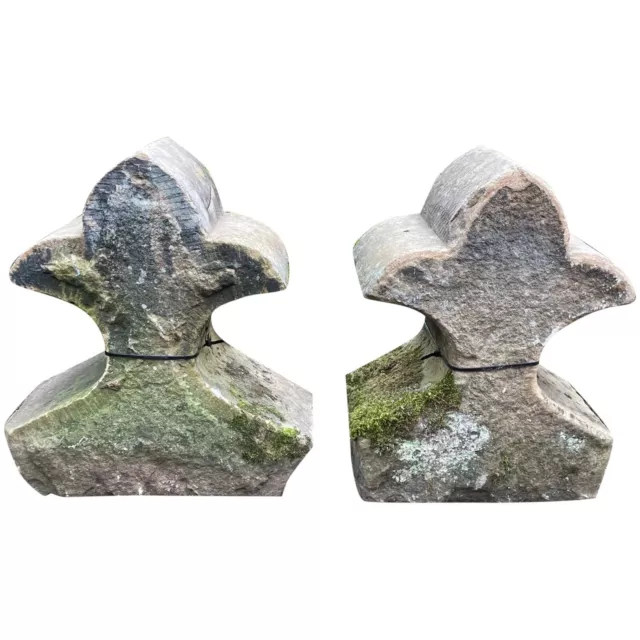 Pair Reclaimed Architectural 19th Century Carved Stone Fleur De Lis Finials