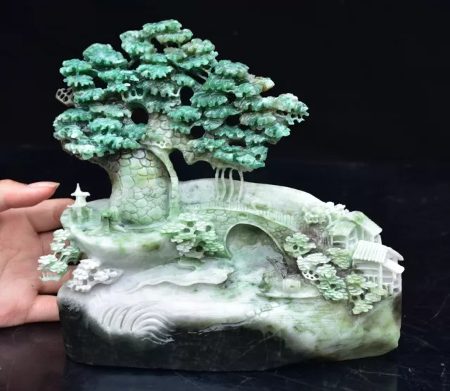 7.6" Chinese Natural Dushan Jade Carved Mountain Tree Bridge Boat House Statue