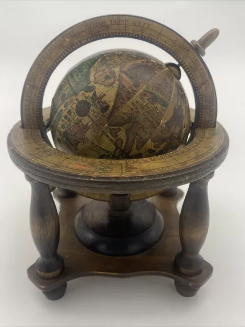 Vintage Apex Wooden Desk Top Old World Globe Zodiac Signs & Stand Approx 6” Tall