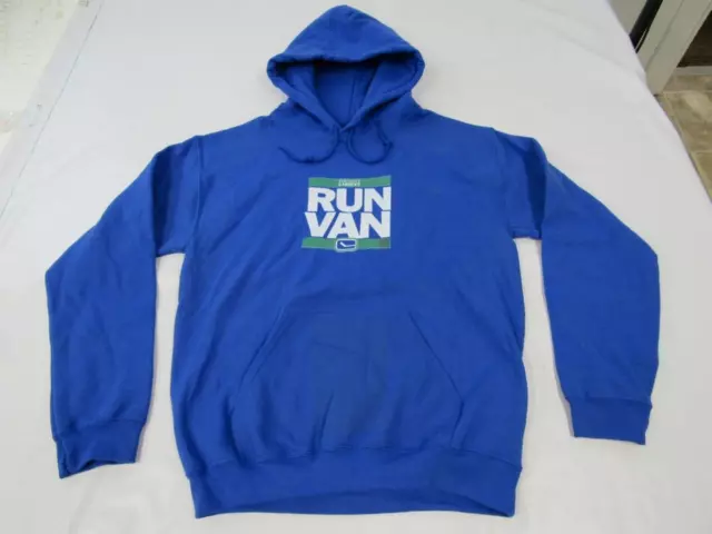 New -Minor Flaw- Vancouver Canucks "Run Van" Mens Size S Small Blue Hoodie