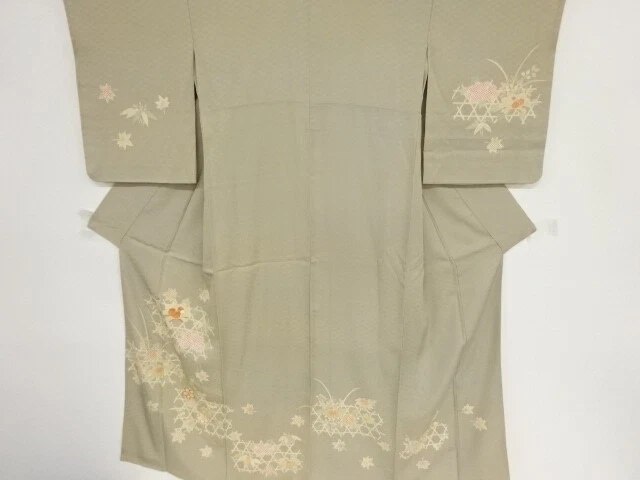 41781# Japanese Kimono / Antique Kimono / Embroidery / Diagonal Grid & Flowe