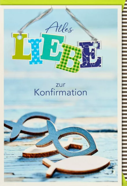 Konfirmationskarte Glückwünsche Holzfische blau und weiß