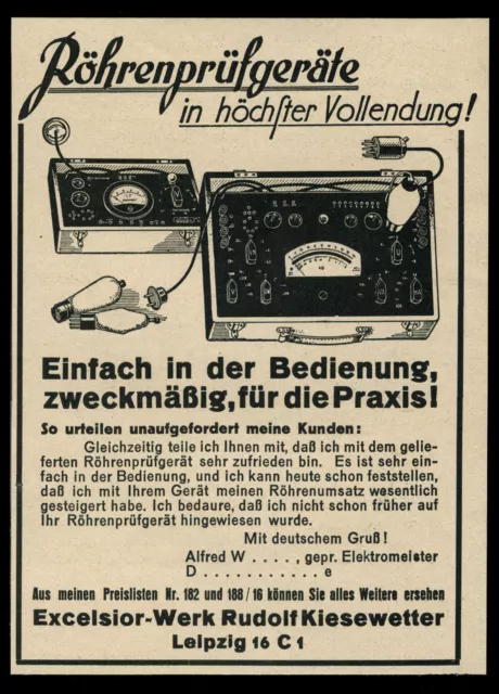 Alte Reklame 1936 Röhrenprüfgeräte Excelsior-Werke Rudolf Kiesewetter Leipzig